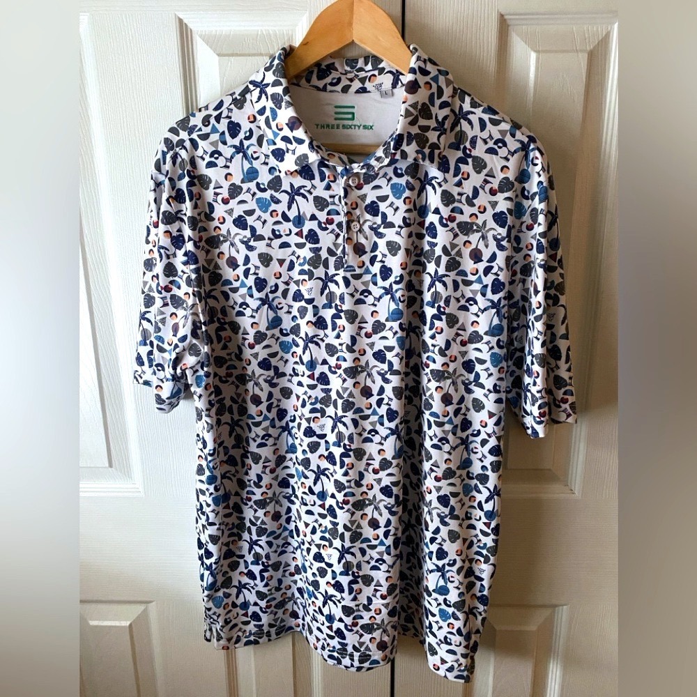 THREE SIXTY SIX‎ Tropical Botanical Print Performance Short Sleeve Golf Polo L